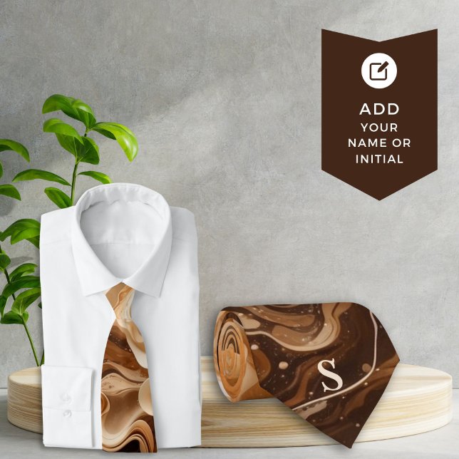Mocha Espresso Rippled Signature Necktie Monogram (Cafe' Inspired Mocha Swirl Monogram Tie for the Coffee Lover or Modern Professional)