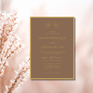 Mocha & Gold Border Holly Tree Christmas Wedding Invitation
