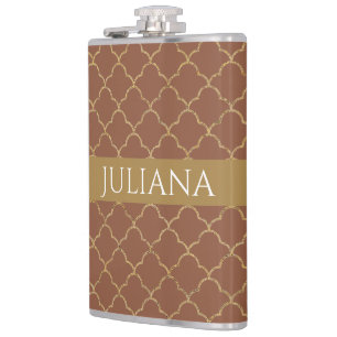 Mocha Gold Quatrefoil Personalised Hip Flask