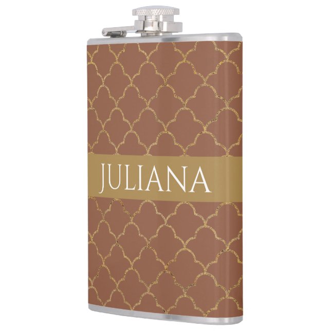 Mocha Gold Quatrefoil Personalised  Hip Flask (Left)