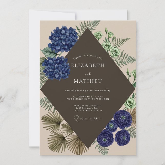 Mocha Indigo Hydrangea Eucalyptus Wedding Invitation (Front)
