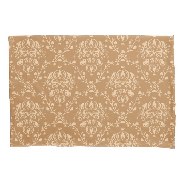 Mocha Latte Brown Damask Pillowcase (Front-Left)