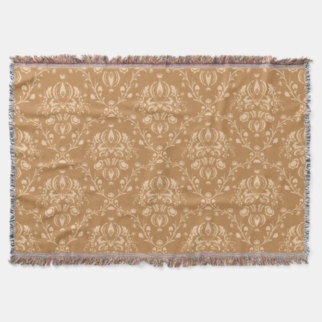 Mocha Latte Brown Damask Throw Blanket (Front)