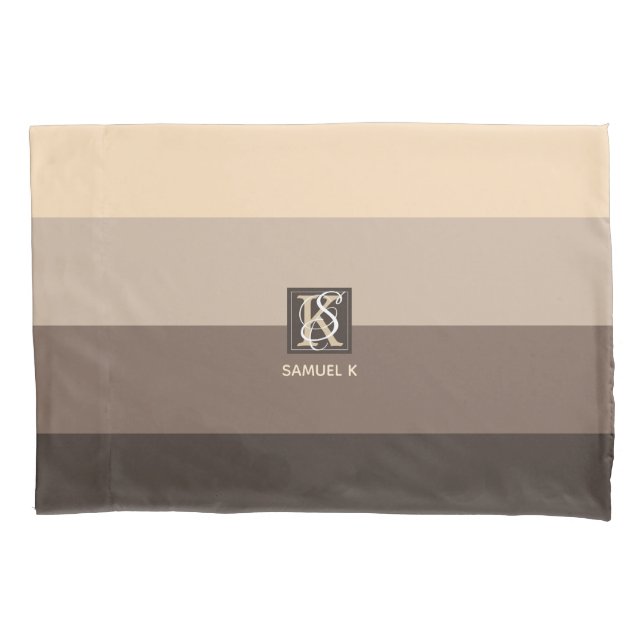 Mocha Latte Colour Palette Stripes Monogram Pillowcase (Front)