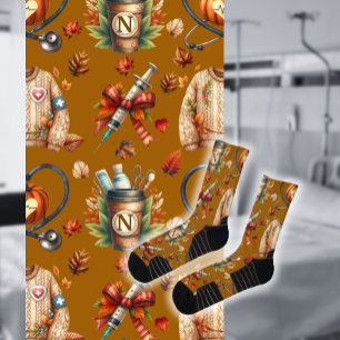 Mocha Monogram Nurse Autumn Essentials Crew Socks