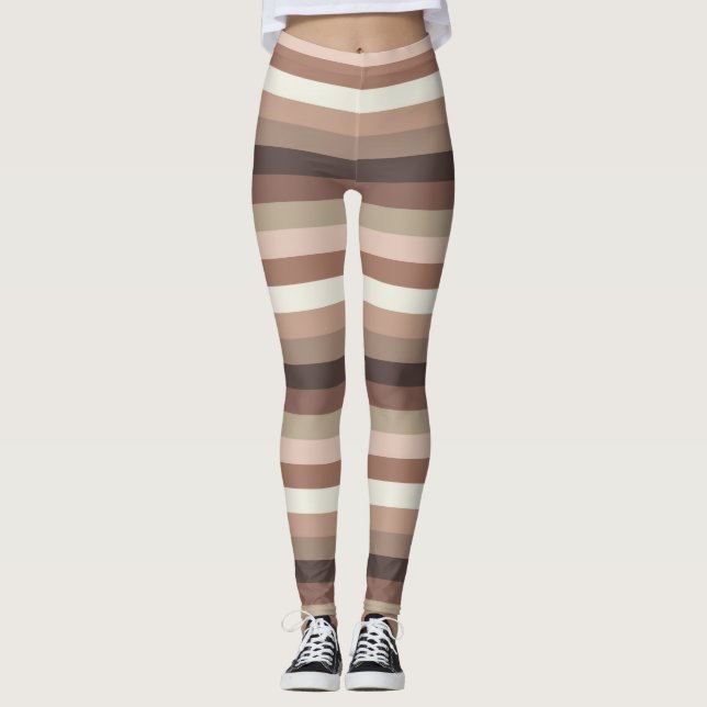 Mocha Mousse and Accents Horizontal Stripe Pattern Leggings (Front)