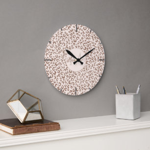 Mocha Mousse and Cream Tan Leopard Pattern Large Clock