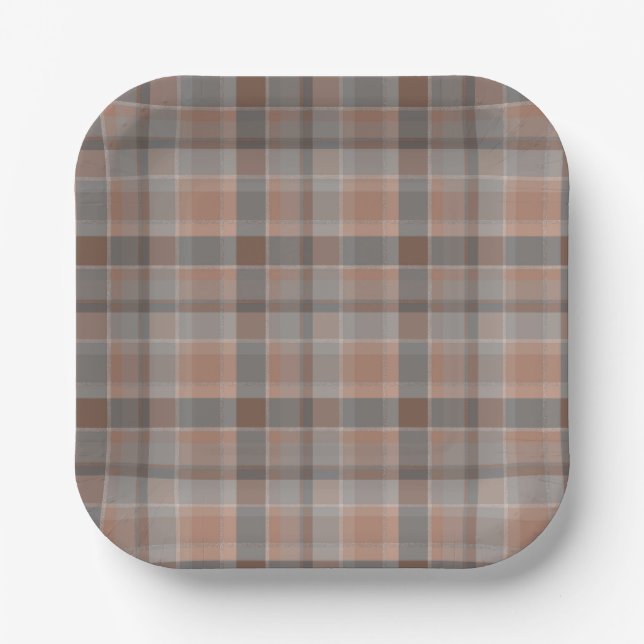 Mocha mousse and grey chequered paper plate (Front)