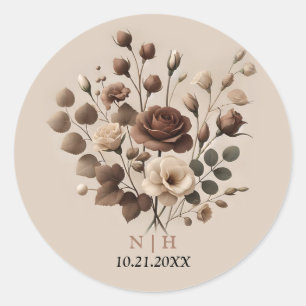 Mocha Mousse Beige Brown Floral Wedding Classic Round Sticker