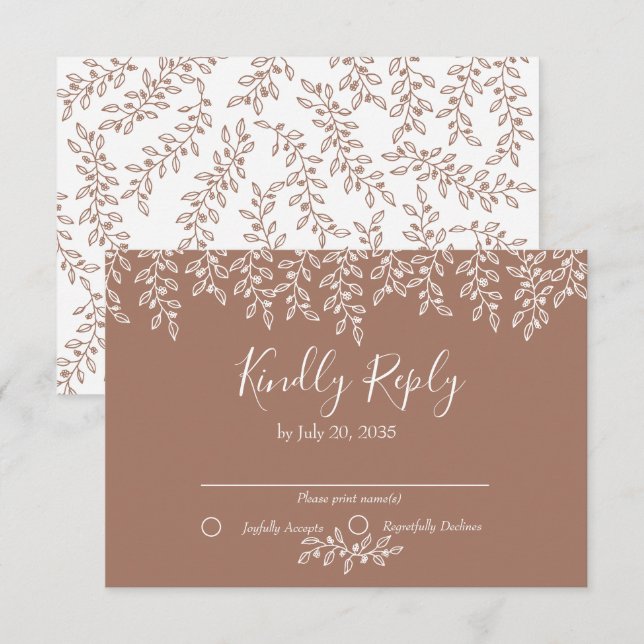 Mocha Mousse Boho Botanical Elegant Wedding RSVP Card (Front/Back)