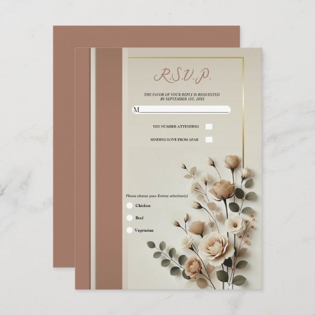 Mocha Mousse & Bone White Neutral Floral RSVP Invitation (Front/Back)