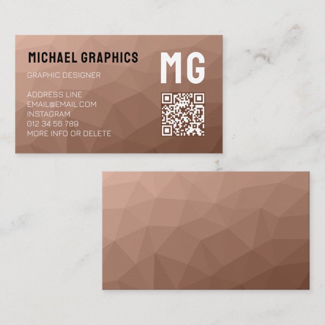 Mocha Mousse Brown geometric mesh QR code Monogram Business Card (Front/Back)