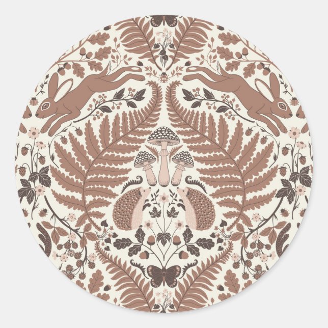 Mocha mousse forest/Woodland animals and plants Classic Round Sticker (Front)