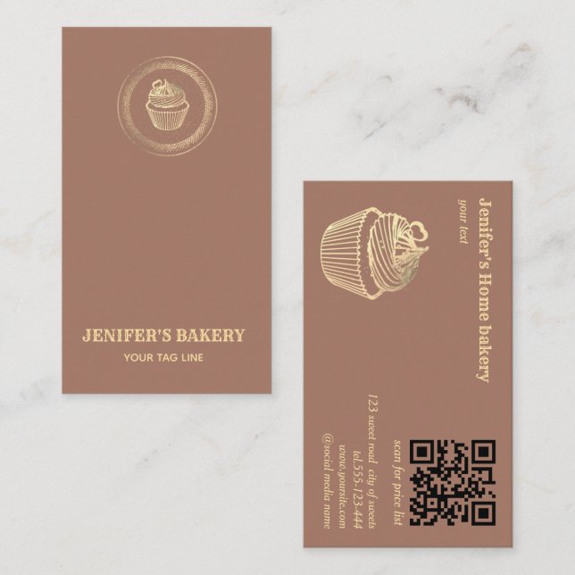 Mocha mousse gold cupcake bakery QR code Business Card (Front/Back)