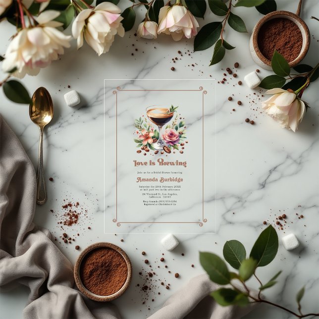 Mocha Mousse "Love is Brewing" Bridal Shower Acrylic Invitations (Mocha Mousse "Love is Brewing" Bridal Shower Acrylic Invitations)