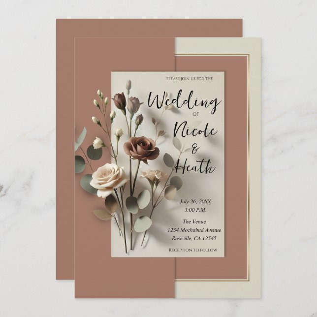 Mocha Mousse Modern Botanical Floral Wedding Invitation (Front/Back)