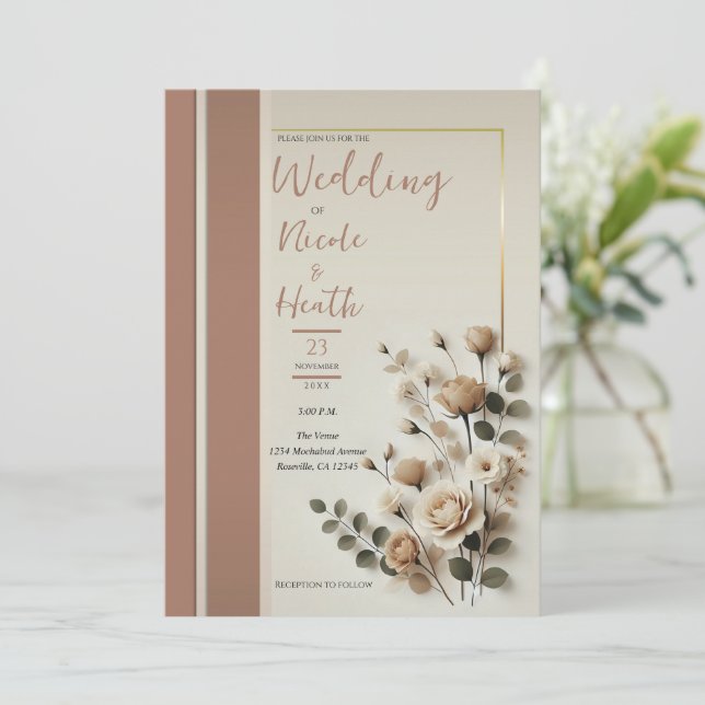 Mocha Mousse Neutral Floral Wedding Invitation (Standing Front)