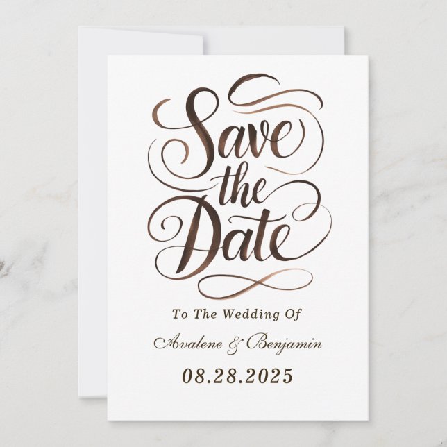 Mocha Mousse Paint Calligraphy Save the Date Cards (Front)