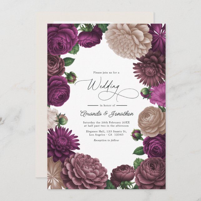 Mocha Plum, Berry Clay & Silk Taupe Wedding Invitation (Front/Back)