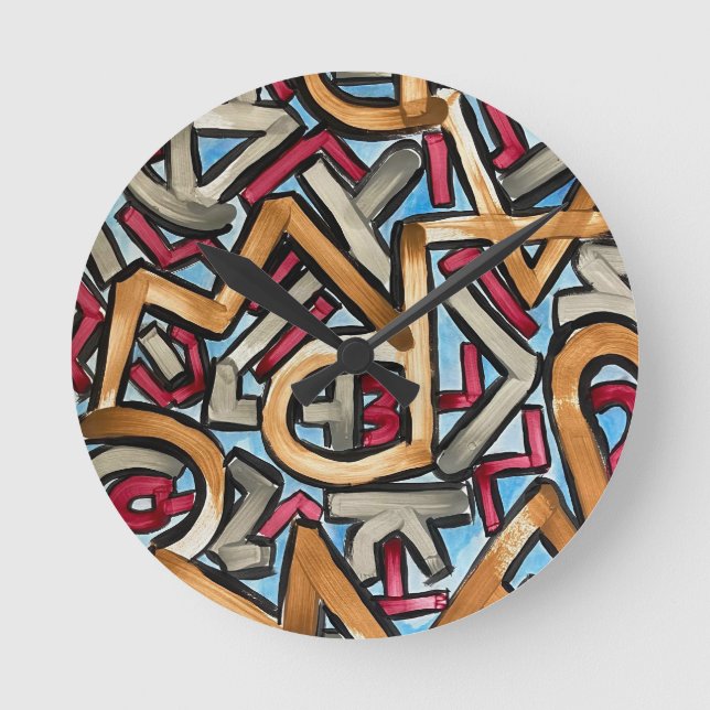Mocha Red Grey Geometric-Hand Painted Abstract Art Round Clock (Front)
