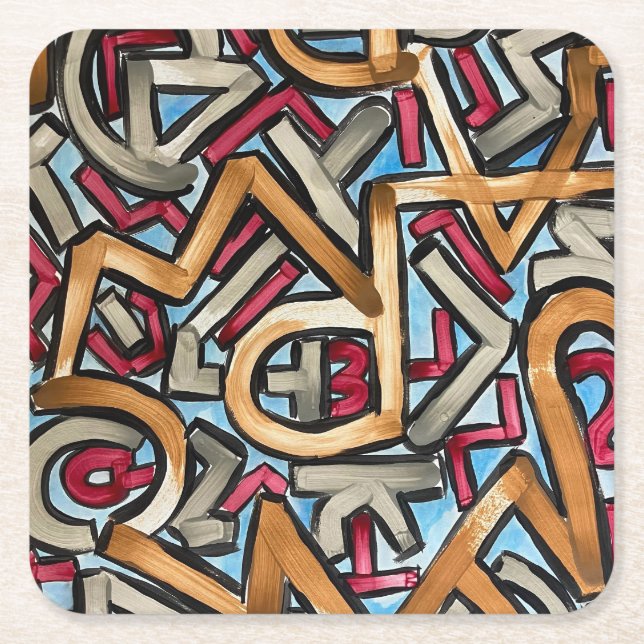Mocha Red Grey Geometric-Hand Painted Abstract Art Square Paper Coaster (Front)