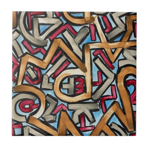 Mocha Red Grey Geometric-Hand Painted Abstract Art Tile