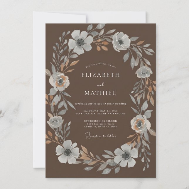 Mocha Silver Wreath Wedding Invitation (Front)