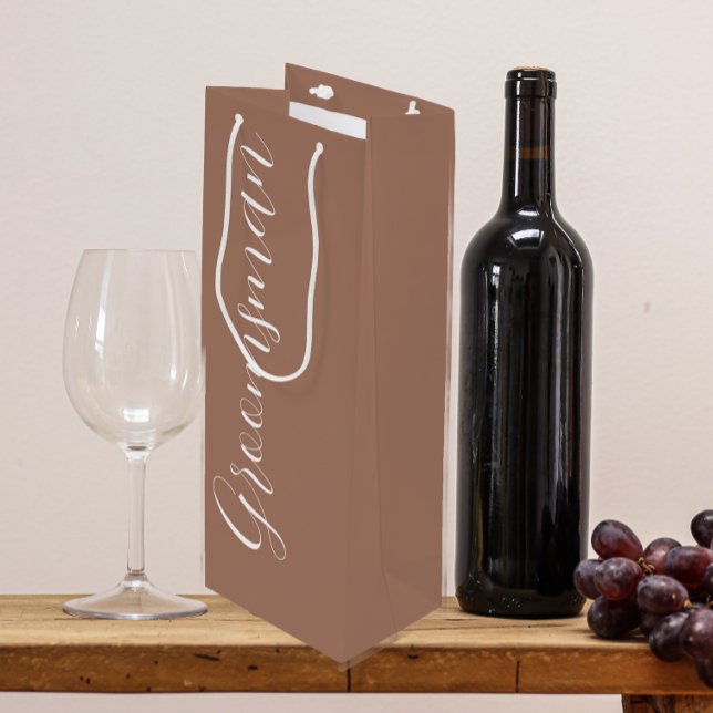 Mocha Stylised Script Wedding Groomsman Wine Gift Bag (In Situ)
