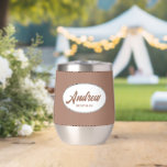 Mocha Stylised Wedding Best Man<br><div class="desc">Gift your wedding best man with this personalised, stainless steel wine tumbler with his name in stylised script inside a white, oval design. Background colour and script is a trendy mocha brown colour. Personalise your wine tumbler by editing and replacing name with desired name. Available in many, popular wedding colour...</div>