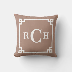 Mocha Taupe Reverse Chinoiserie Greek Key Monogram Cushion