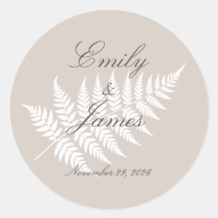 Mocha Taupe White Fern Minimalist Botanical Classic Round Sticker