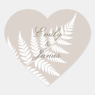 Mocha Taupe White Fern Romantic Botanical Heart Sticker