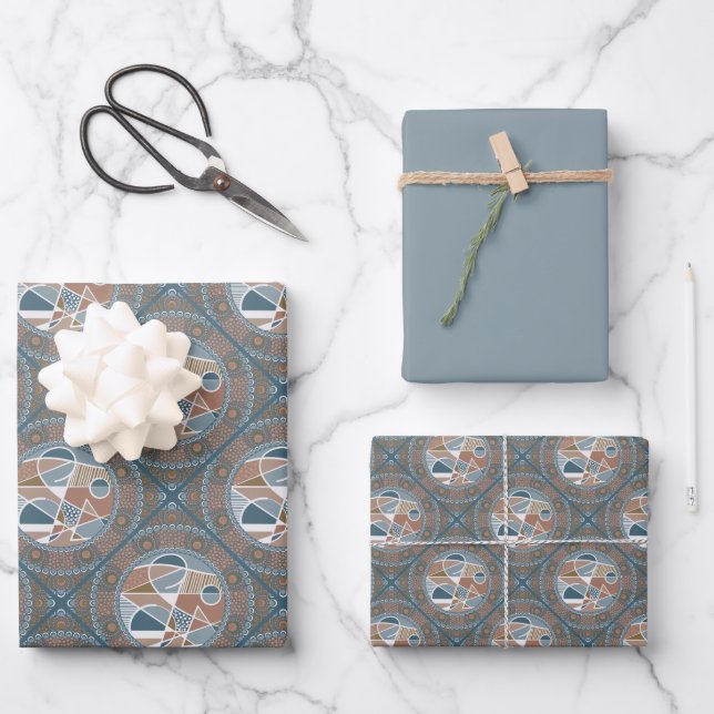 Mocha & Teal Abstract Accent Mandala Diamond Tile Wrapping Paper Sheet (Front)