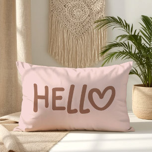 Mocha Whimsical Heart Typography Hello Lumbar Cushion