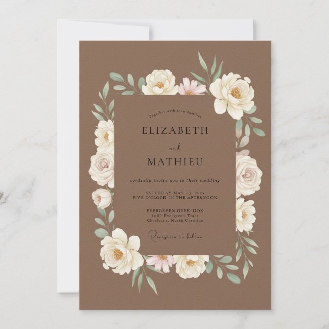 Mocha White Ranunculus Eucalyptus Wedding Invitation (Front)