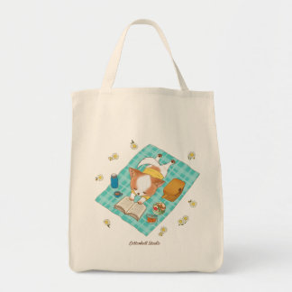 Mochi on a Picnic Kawaii Cute Puppy Grocery Tote Bag