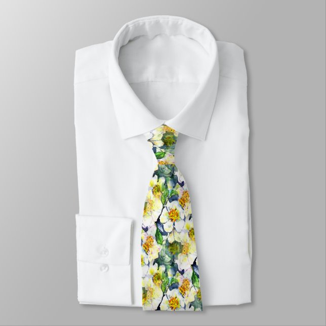 Mock Orange Seamless Floral Pattern Tie (Tied)