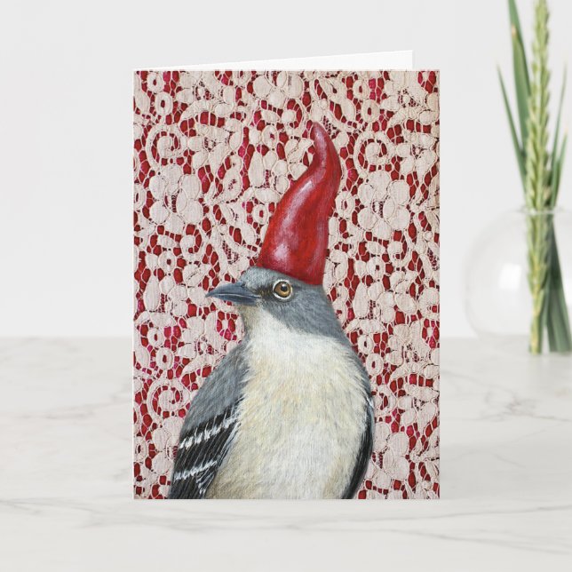 Mockingbird gnome on lace Christmas card (Front)