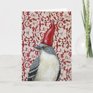 Mockingbird gnome on lace Christmas card