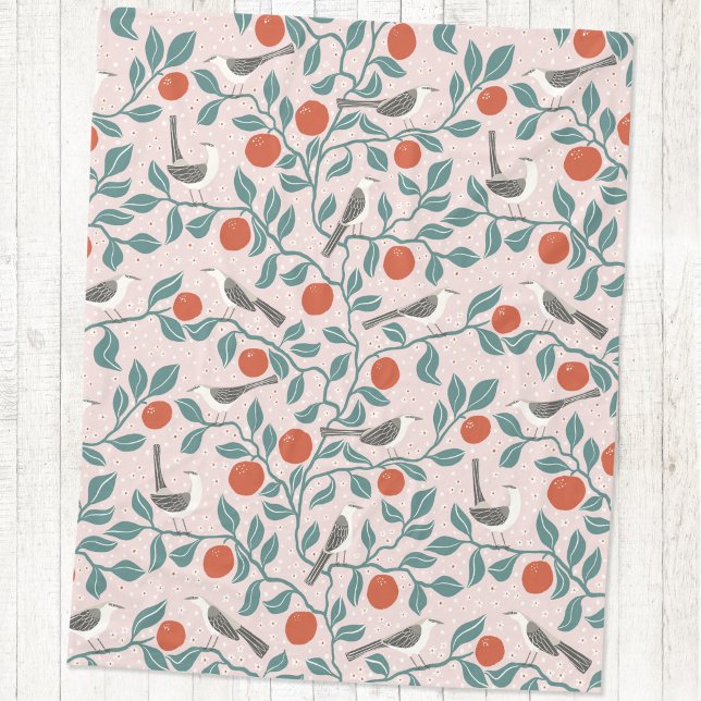 Mockingbird Orange Blossom Bird Flower Blush Pink Fleece Blanket (Mockingbird and orange blossom bird and botanical fleece blanket)