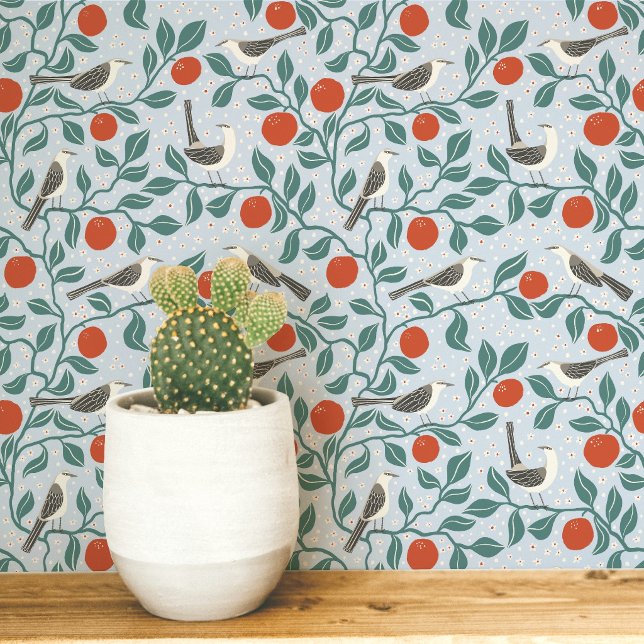 Mockingbird Orange Blossom Bird Flower Light Blue Wallpaper (Mockingbird Orange Blossom arts and crafts inspired bird and botanical wallpaper for nature lovers)