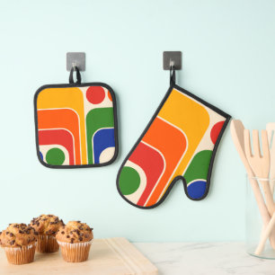 Mod 1970s Retro Style Geometric Design Oven Mitt & Pot Holder Set