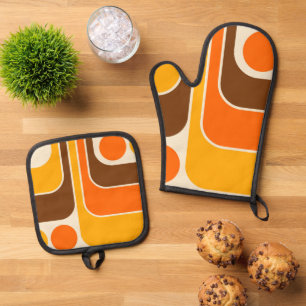 Mod 1970s Retro Style Geometric Design Oven Mitt & Pot Holder Set
