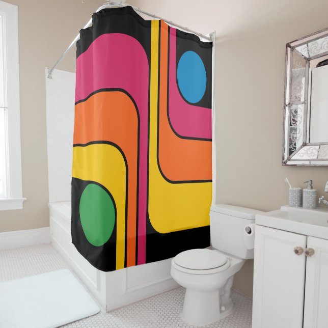 Mod 1970s Retro Style Geometric Design Shower Curtain (In Situ)