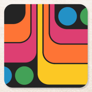 Mod 1970s Retro Style Geometric Design Square Paper Coaster