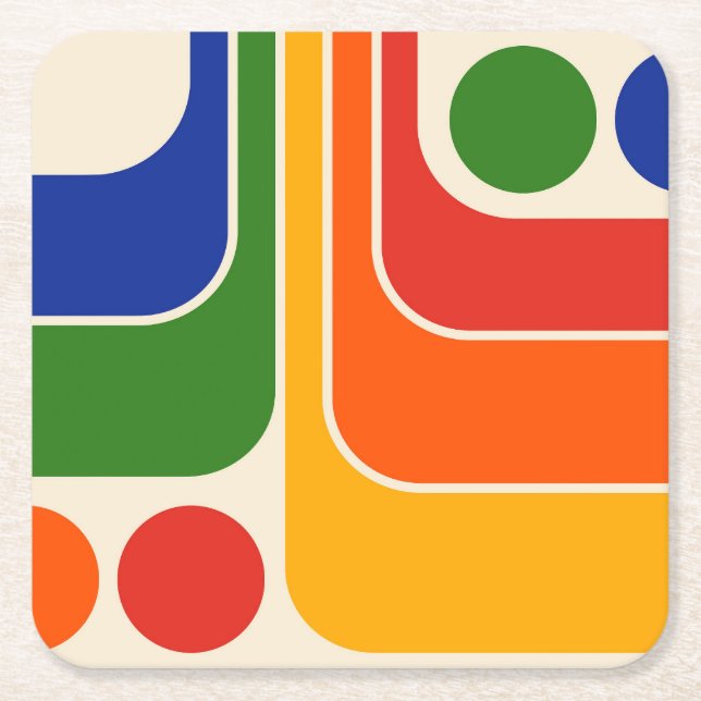 Mod 1970s Retro Style Geometric Design Square Paper Coaster (Front)