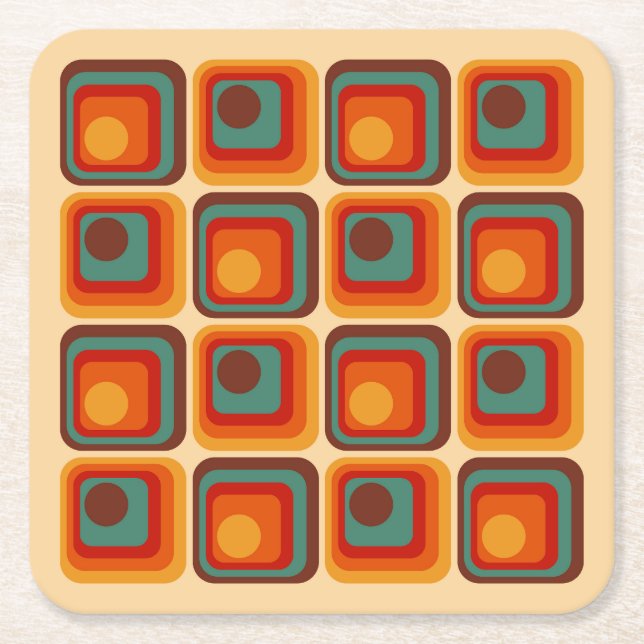 Mod 1970s Retro Style Geometric Design Square Paper Coaster (Front)