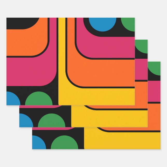 Mod 1970s Retro Style Geometric Design Wrapping Paper Sheet (Set)