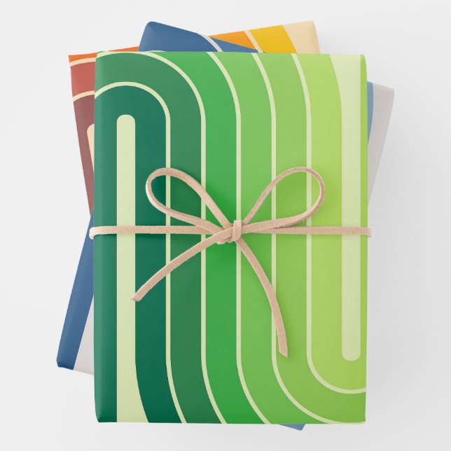 Mod 1970s Retro Style Geometric Design Wrapping Paper Sheet (In situ)
