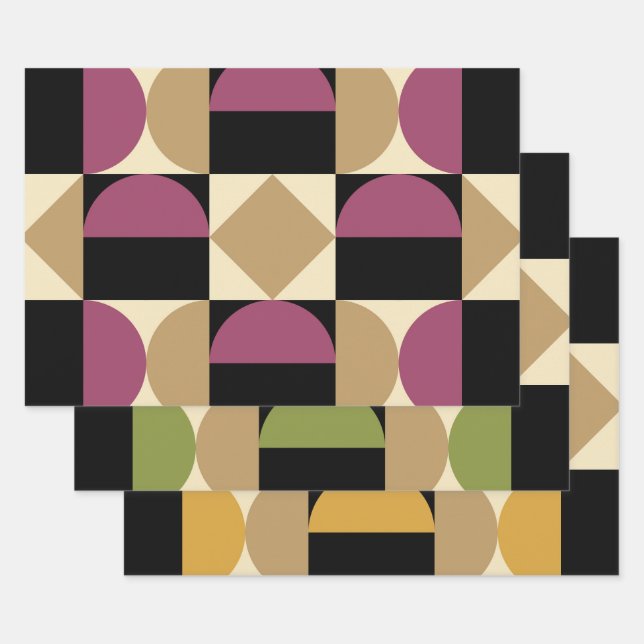 Mod 1970s Retro Style Geometric Design Wrapping Paper Sheet (Set)